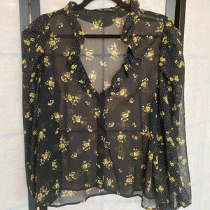 NWOT Zara Black Sheer Floral Blouse, Size L